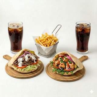 Menú 2 pitas + patatas + 2 bebidas (330 ml.)