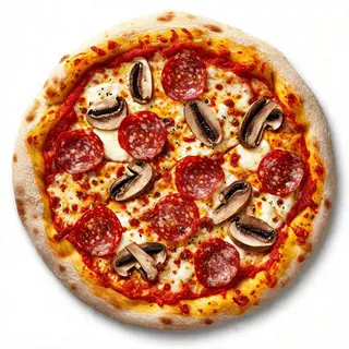 Pizza rossa salame piccante e funghi