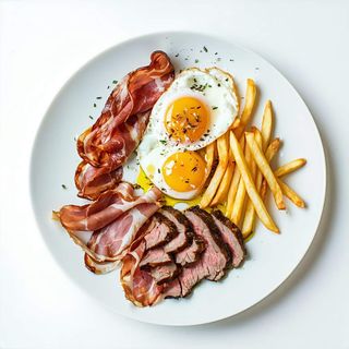 Huevos rotos con patatas, secreto de cerdo y jamón Ibérico