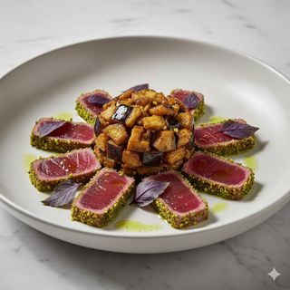 Tataky di tonno rosso aromatizzato al pistacchio con funghetto di melanzane