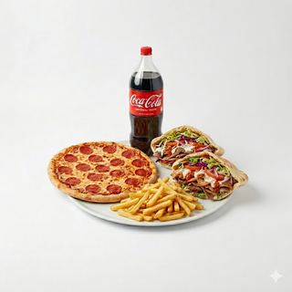 Menú 1 pizza familiar + 2 pita + patatas + bebida (2 lt.)