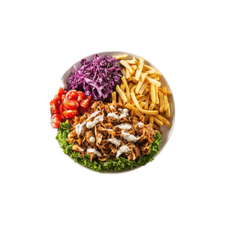 Piatto döner kebap carne, riso bianco, patate e insalata