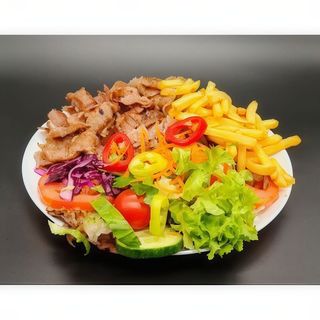 Plato Kebab Pollo, Arroz, Papas, Ensalada Y Salsas