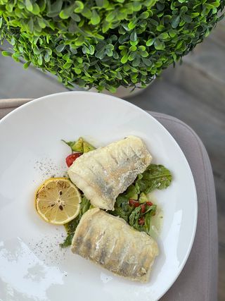 Судак на гриле и овощной падушке