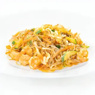 Spaghetti di soia con verdure e gamberi + Edamame