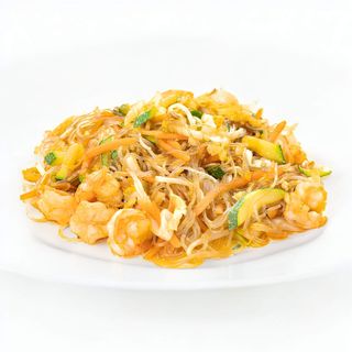 Spaghetti di soia con verdure e gamberi + Edamame