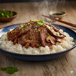 Ternera Con Champiñones Sobre Arroz