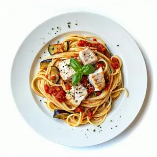 Spaghetti con pesce spada e melanzane