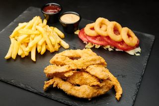 Strips platter with fries and sos burgatore , sos barbeque