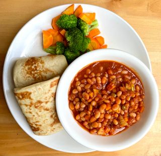 White Bean Stew with steamed broccolli and Carrot veggies