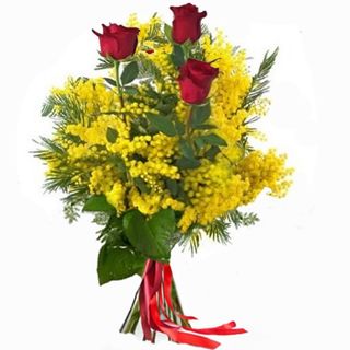 Bouquet mimose e 3 rose rosse 