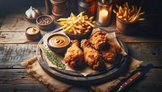 Crispy pui cu cartofi pai si sos