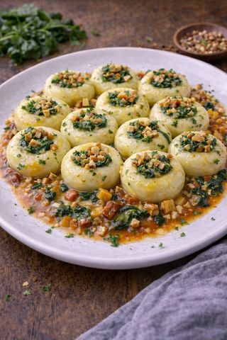 Kluski śląskie z szpinakiem żółtym serem i prażonymi orzechami