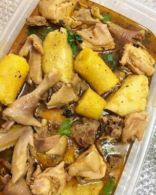 Yam And Plantain Pepper Soup With Catfish,Bushmeat,Goatmeat,Chicken