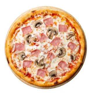 18. Pizza de queso, jamón york, champiñones, huevo y espárragos