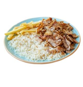 Plato kebab con arroz y patatas
