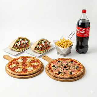 Menú 2 pitas + 2 pizzas (medianas) + patatas + bebida (2 lt.)