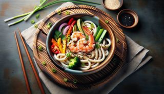 Udon noodles cu creveti si legume