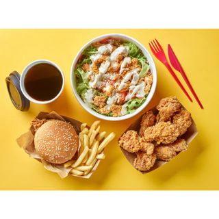 6wings Chicken + Fries + chicken Burger + Silverbackwrap and 2 sodas