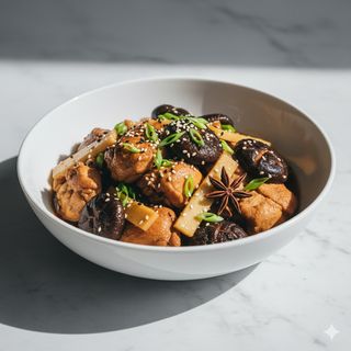 Pollo con funghi invernali e bambù