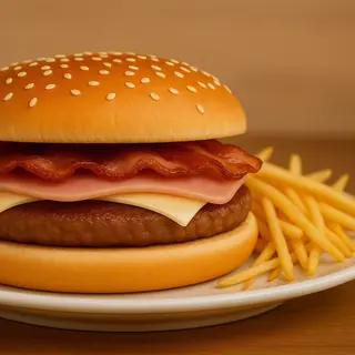 hamburguesa mixta con bacon y patatas