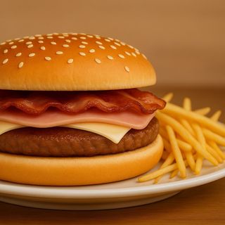 hamburguesa mixta con bacon y patatas