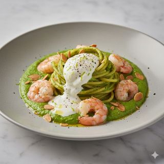Spaghettoni in crema di piselli, gamberi marinati al lime, mandorle