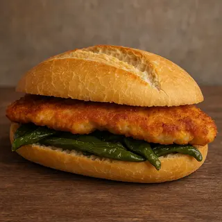 Escalope de pollo empanado, pimientos y salsa