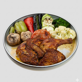 შემწვარი ქათამი (ნახევარი) ბოსტნეულის გარნირით