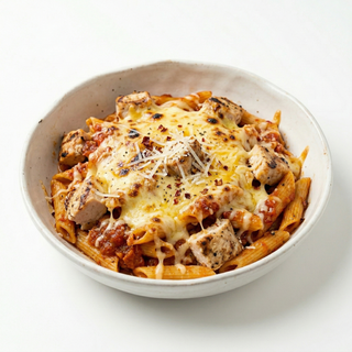 Penne gratinate cu pui și sos roșu