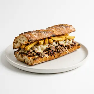 Bocadillo De Carne Con Queso Y Patatas Fritas