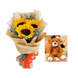 3 girasole bouquet con mini orso di 22cm