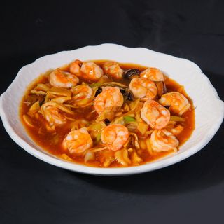 Gamberoni con funghi e bambù