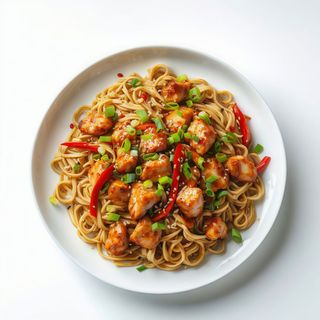 Tallarines fritos con pollo y verdura