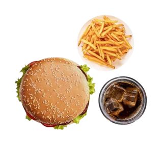 3 Hamburguesas + patatas (2 uds.) + coca cola (1.5 lt.)