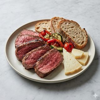 Piatto con filetto pane carasau e pecorino e verdure