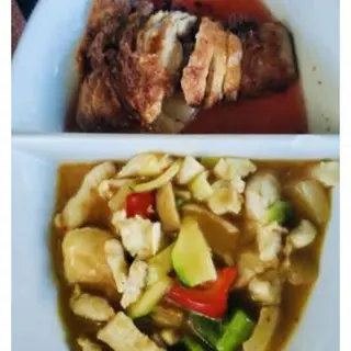 M19.pollo Con Salsa Curry Y Pato Con Piña