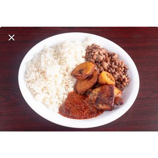 White Rice, Beans, Dodo and Fried Fish