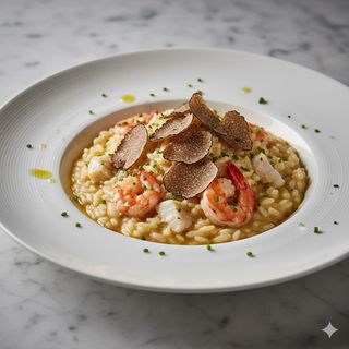 Risotto con gamberi, spigola e tartufo fresco