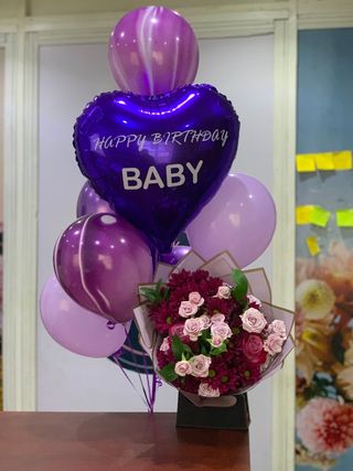 Birthday Set of Fresh Flowers & Balloons
