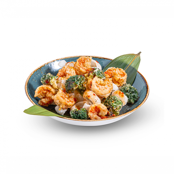 Langostinos con brocoli tempurizado