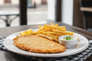 Șnițel de porc parizian cu cartofi prăjiți și sos de usturoi