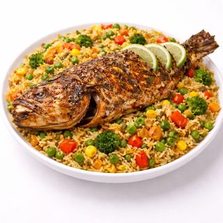 Delish Caribbean Veggies Fried Rice (Basmati) + Grilled Croaker Fish