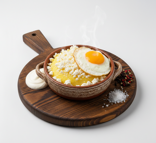 Mamaliguta cu branza de burduf si smantana si ou ochi