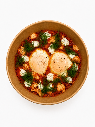 Shakshuka with charred bell pepper, chicken, and cream cheese