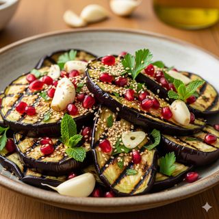 insalata di melanzane grigliate con sesamo melograno e aglio