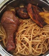 Spaghetti , plantain and chicken