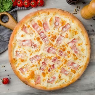 Pizza Carbonara  (Huevo, *Parmigiano, Guancciale, Pimienta) *Queso Italiano
