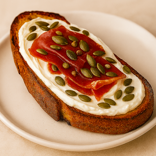 Tostada con queso crema,jamón serrano y pipas de calabaza