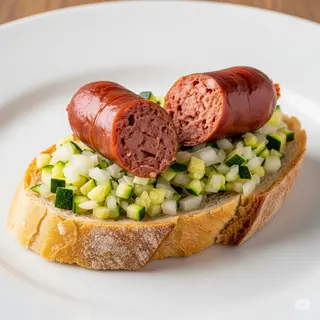 Tostada Longaniza Frita Sobre Una Cama De Cebolla Y Calabacín